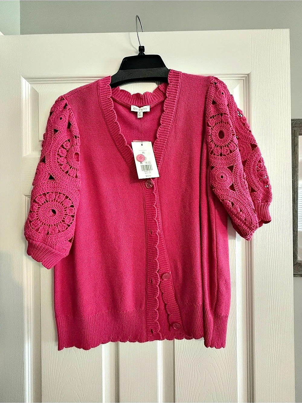 Crown & Ivy Crochet Short Sleeve Cardigan Pink XL NWT